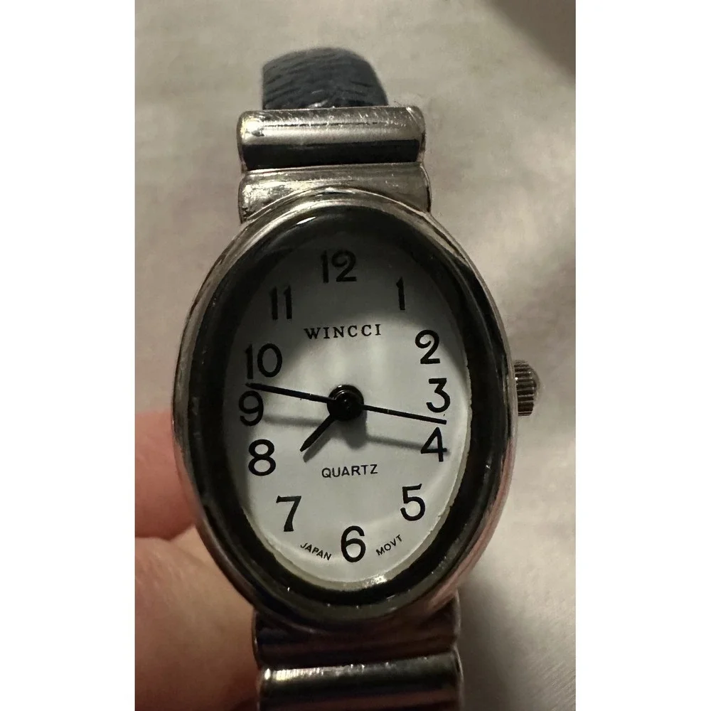 Wincci Quartz Watch Silver Tone Black Faux Leather Cuff Bracelet Japan‎ Movt